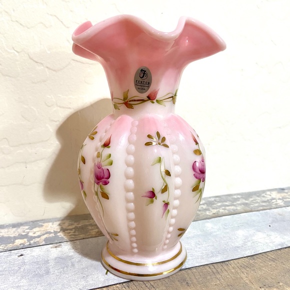 Fenton Other - Fenton Glass Hand Painted Pink Vase Triple Signed